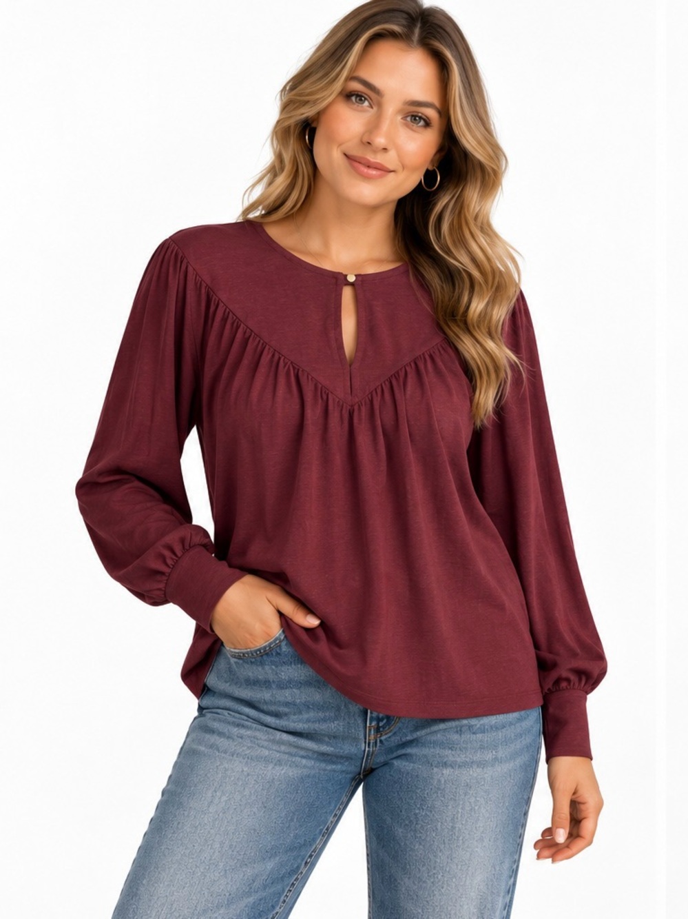 Nation Los Angeles Maroon Long-Sleeve Peasant Top